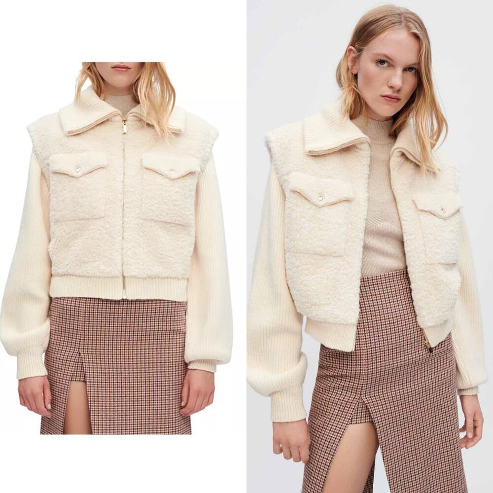 Maje Belio Furry Ecru Faux Fur and Knit Jacket Womens Sz FR 36 US S NWT
